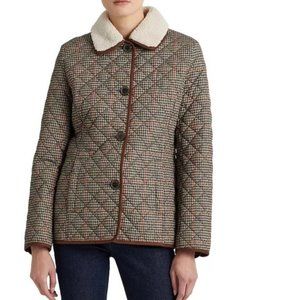 Ralph Lauren Women’s Quilted Jacket Sherpa Collar Box Houndstooth Button Up NWT